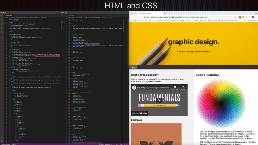 this shows HTML and CSS code next to the final web page.